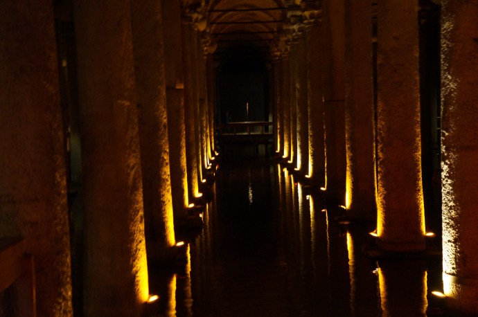 Basilica Cistern, built during the 6th century.  The ceiling is supported by columns recycled from the ruins of older buildings.    